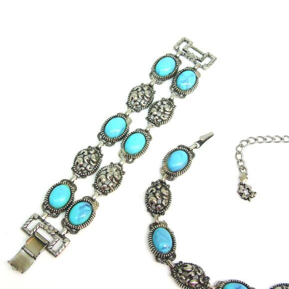 VTG Turquoise BRACELET & NECKLACE Choker Set Turqurenite Stone & Silver Plate - Picture 3 of 6